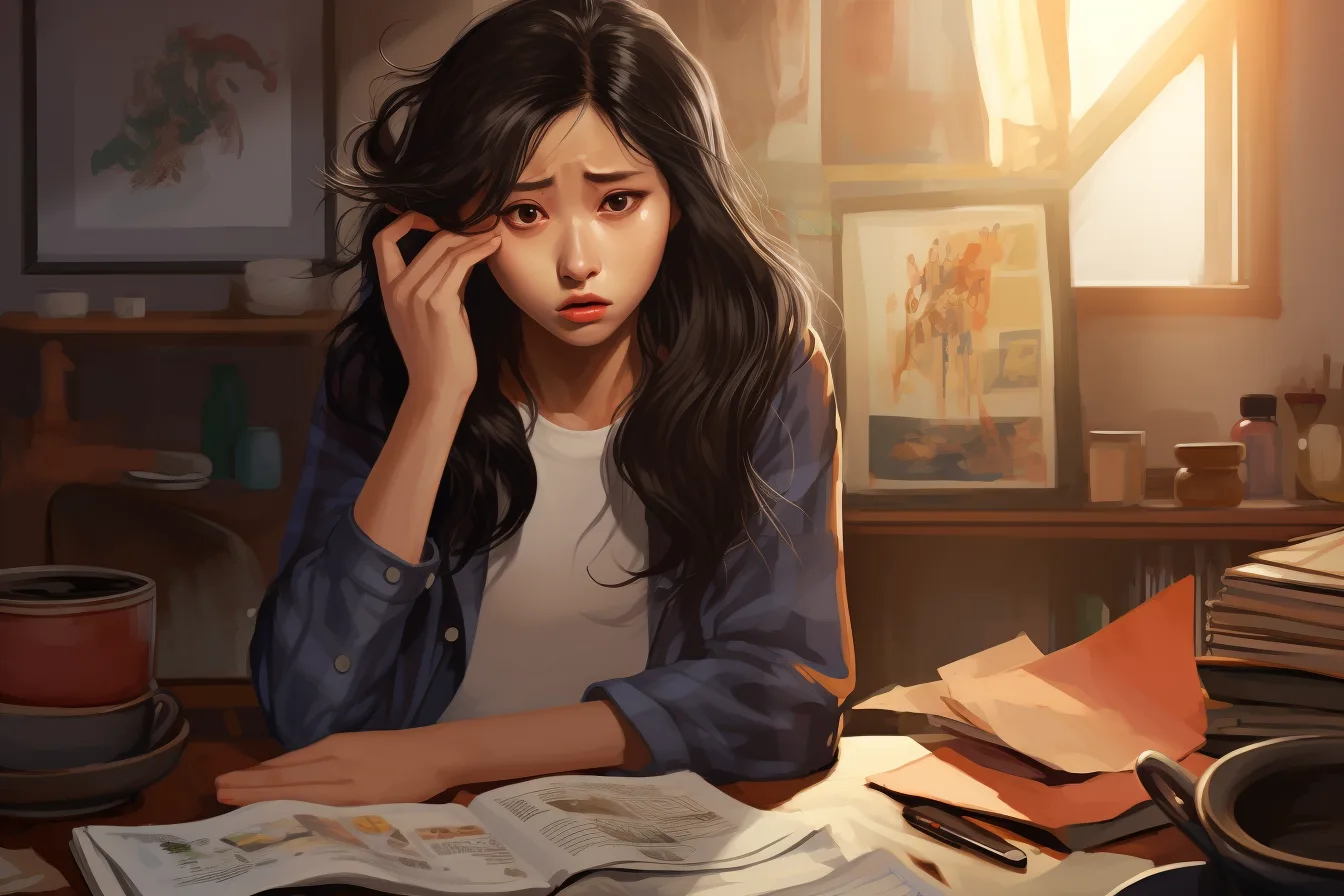 A young woman at a desk looking worried over an open report