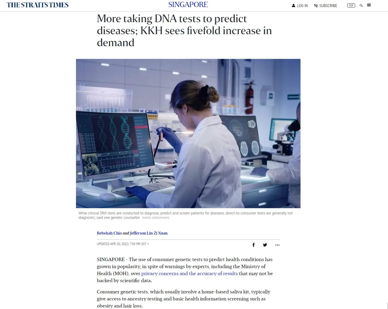 The Straits Times article headed “More taking DNA tests to predict diseases; KKH sees fivefold increase in demand”, over a scientist at a laboratory screen