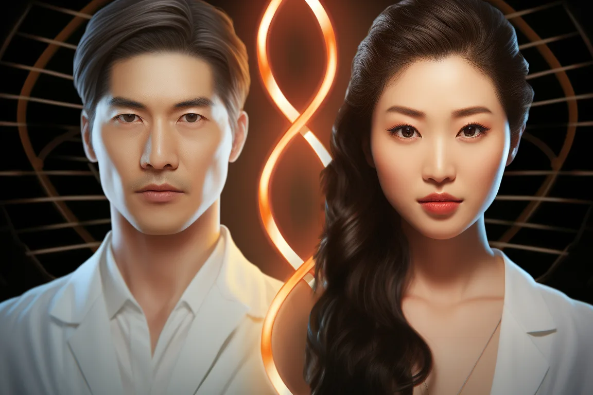 Two professionals in white coats standing either side of a glowing double helix