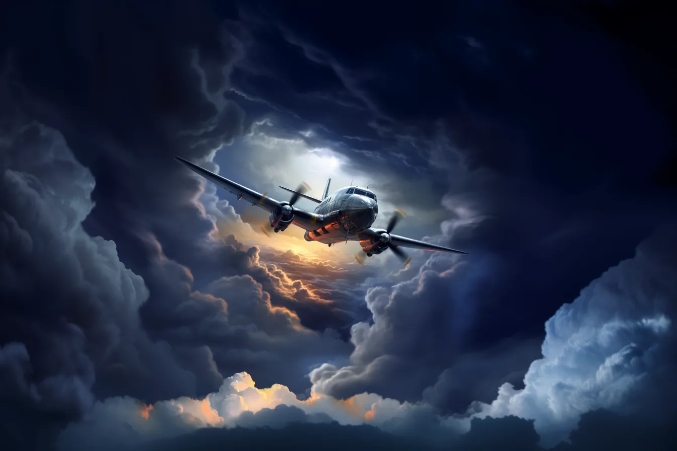 A small aircraft flying through a dark storm front