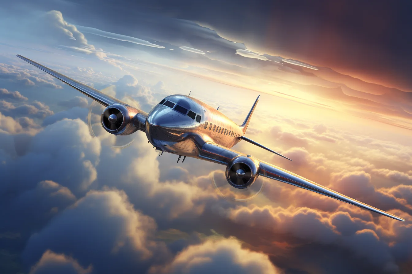 An aircraft flying above the clouds into clear evening light