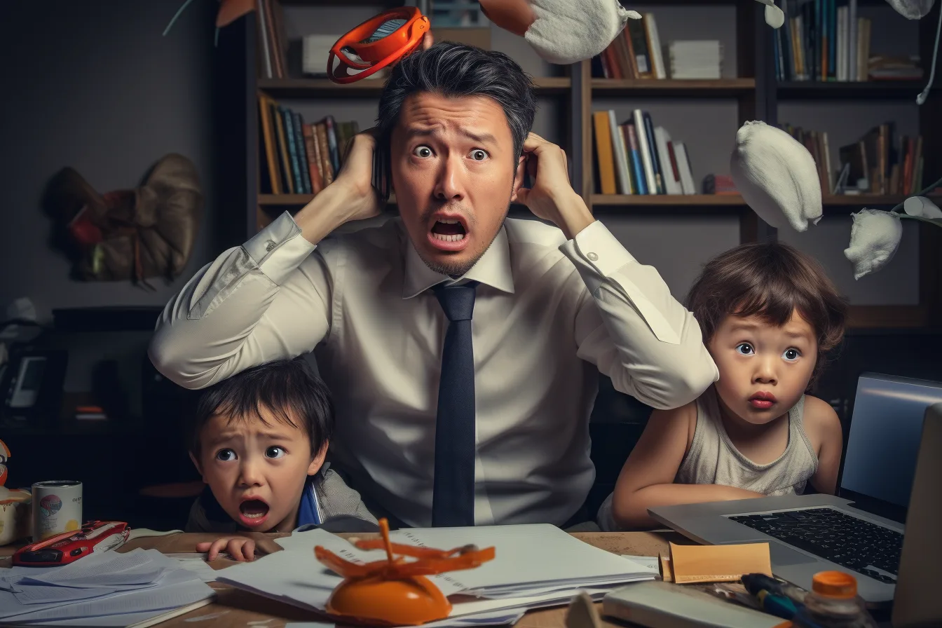 A father at a desk holding his head while two small children make chaos around him