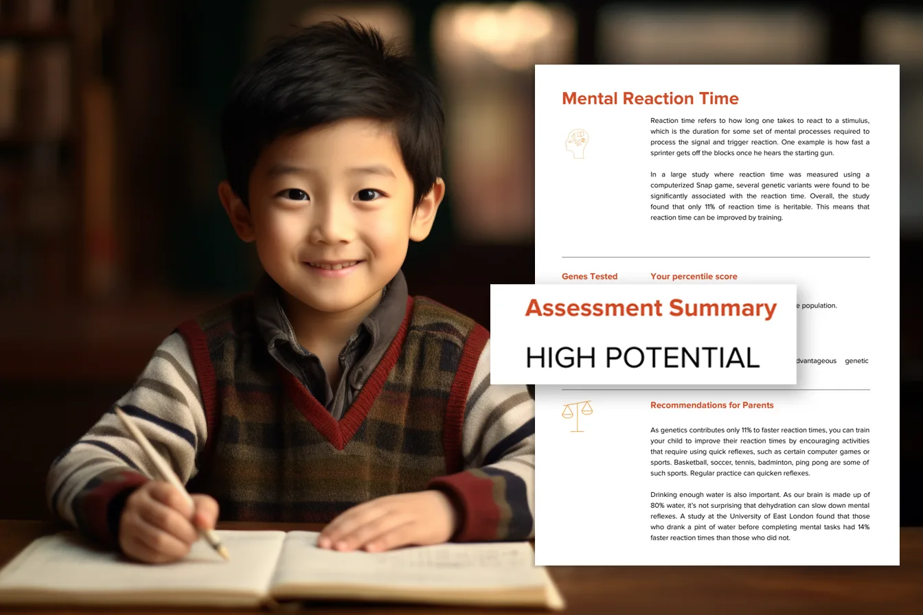 A boy writing at a desk beside a report page assessing his mental reaction time as high potential