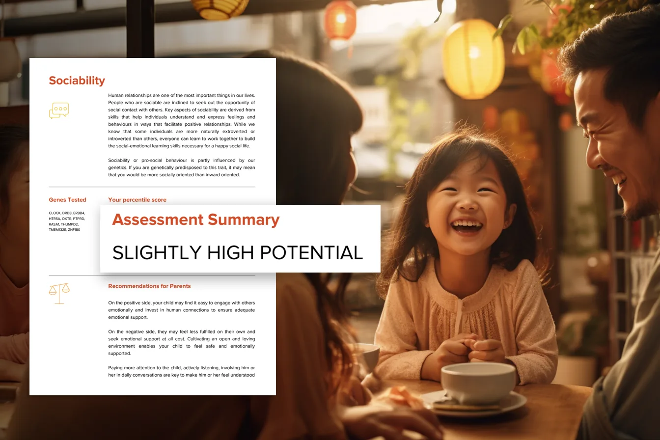 A family laughing together at a table beside a report page assessing sociability