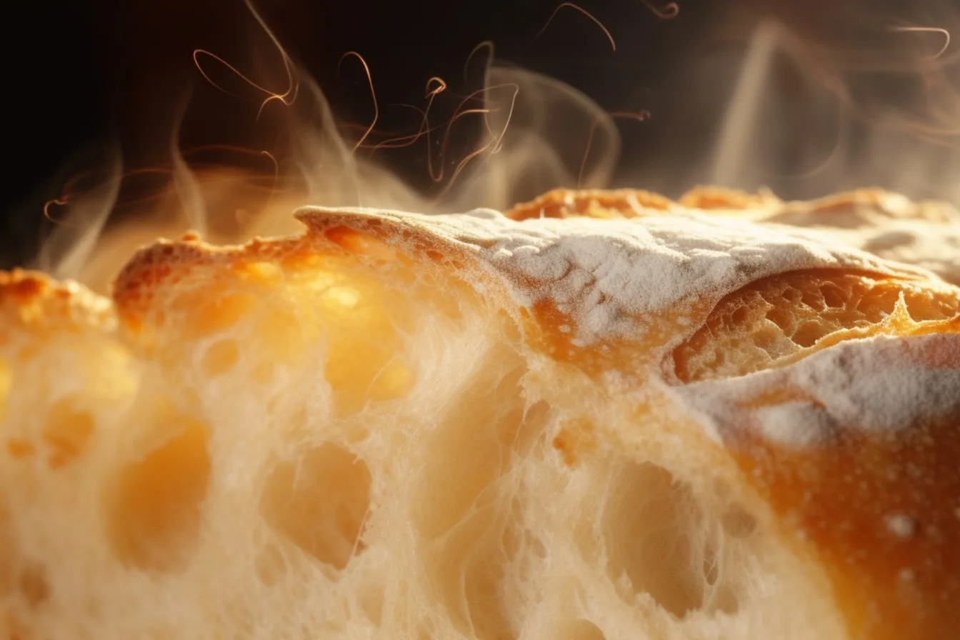 A close crop of torn bread showing its open, airy crumb