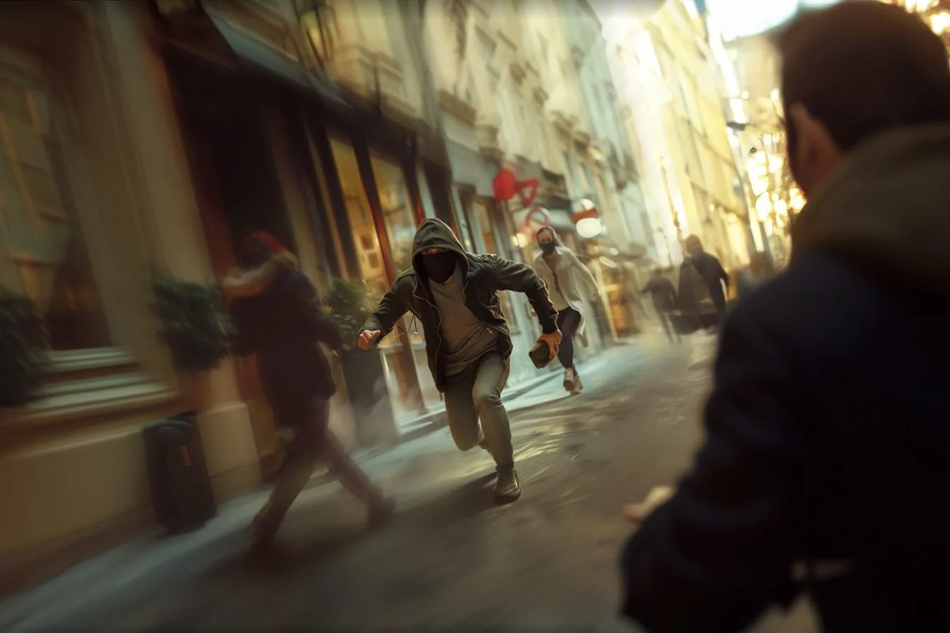 A hooded figure running off down a street while a bystander looks on