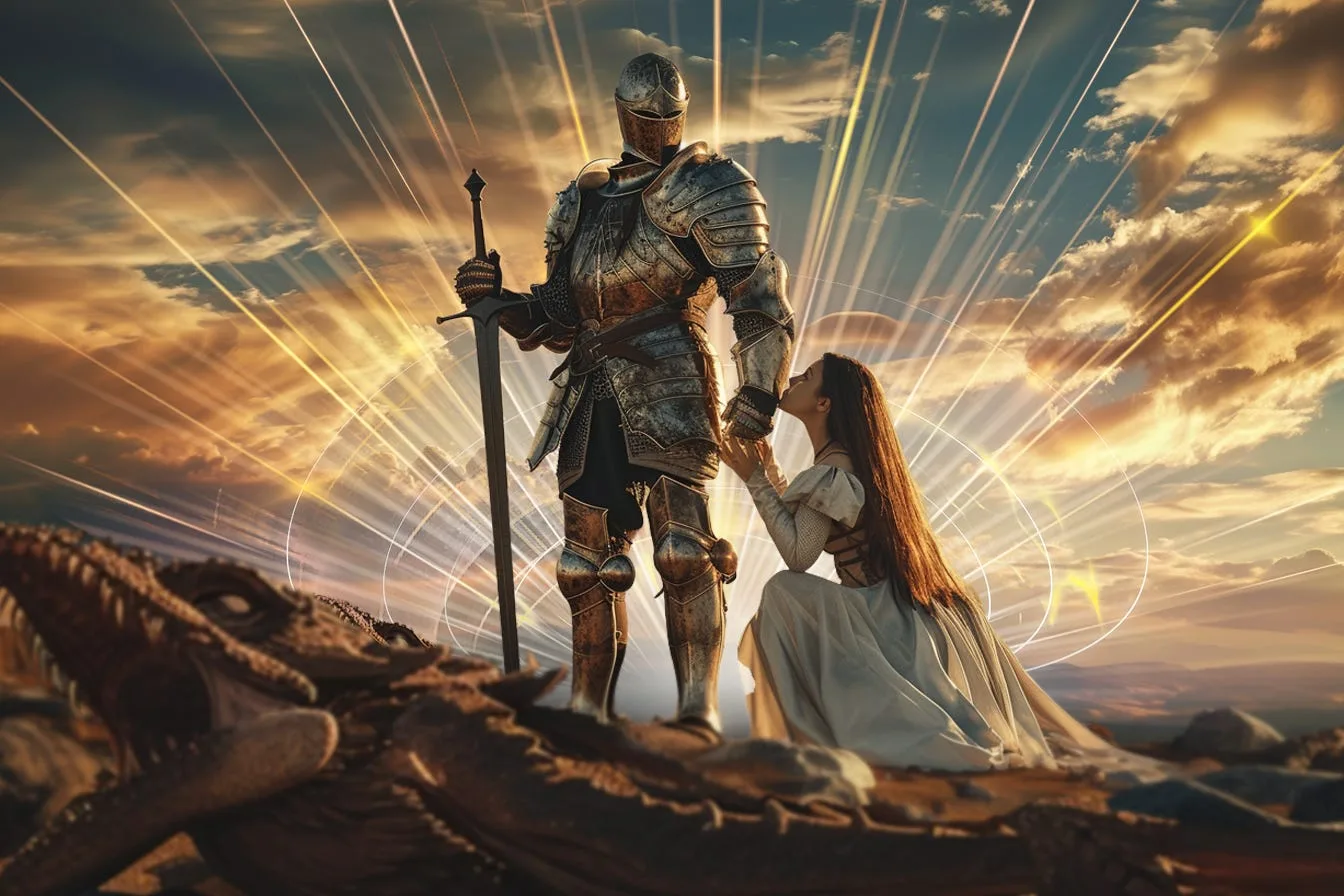 An armoured knight standing over a slain dragon at sunset with a woman kneeling beside him