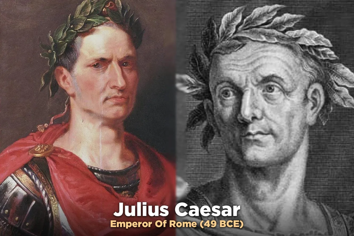 A painted portrait of Julius Caesar beside an engraving of his bust, both in a laurel wreath