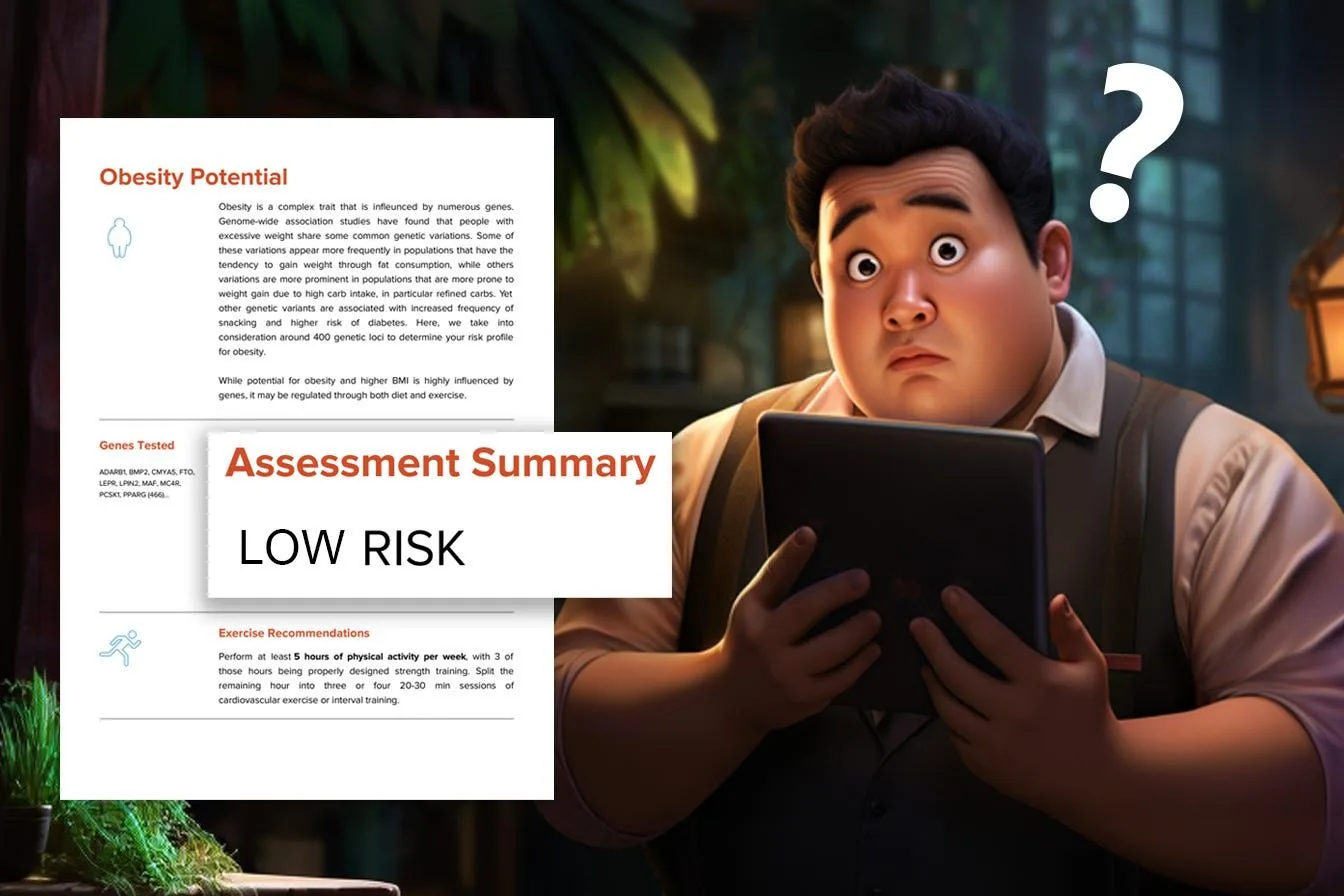 A startled man holding a tablet beside a DNA report page that rates his obesity potential as low risk