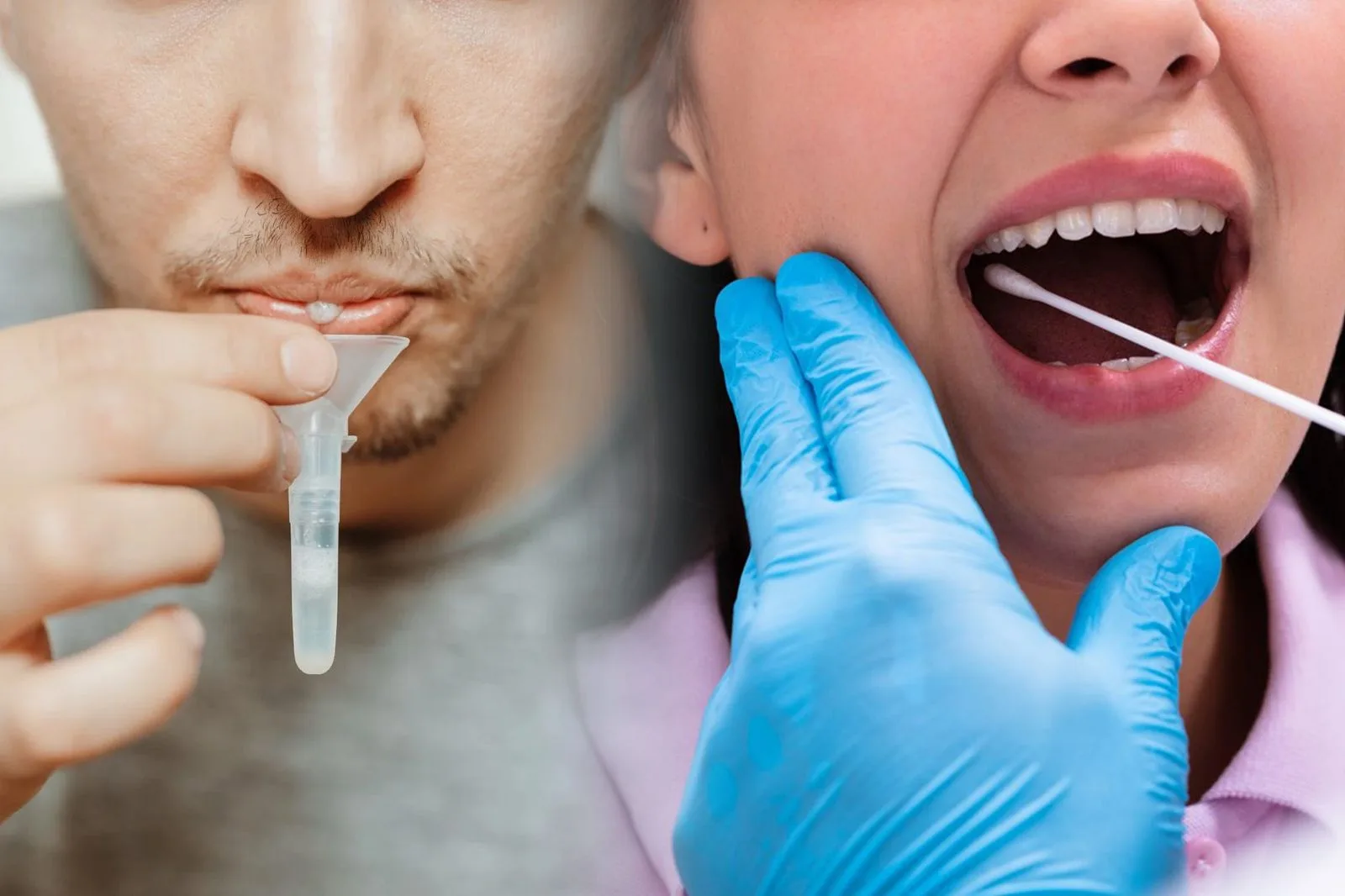 A man spitting into a sample tube beside a woman having the inside of her cheek swabbed
