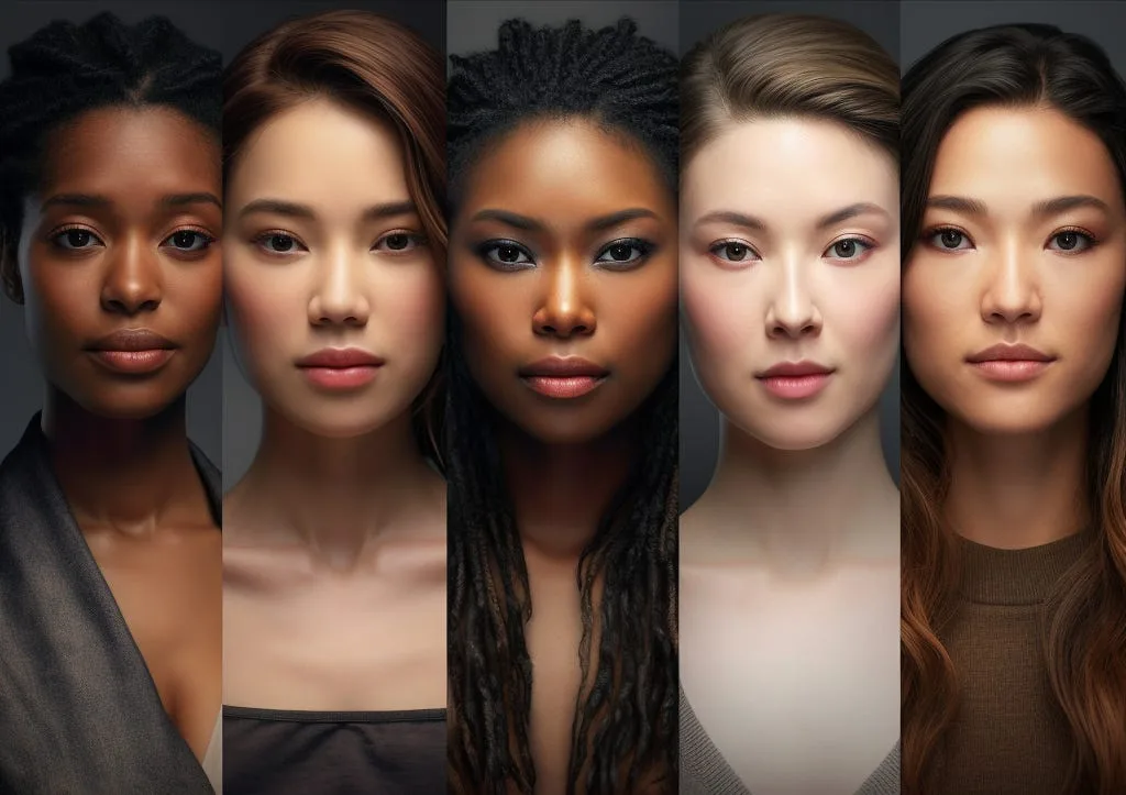 Five portraits side by side of women from different ethnic backgrounds
