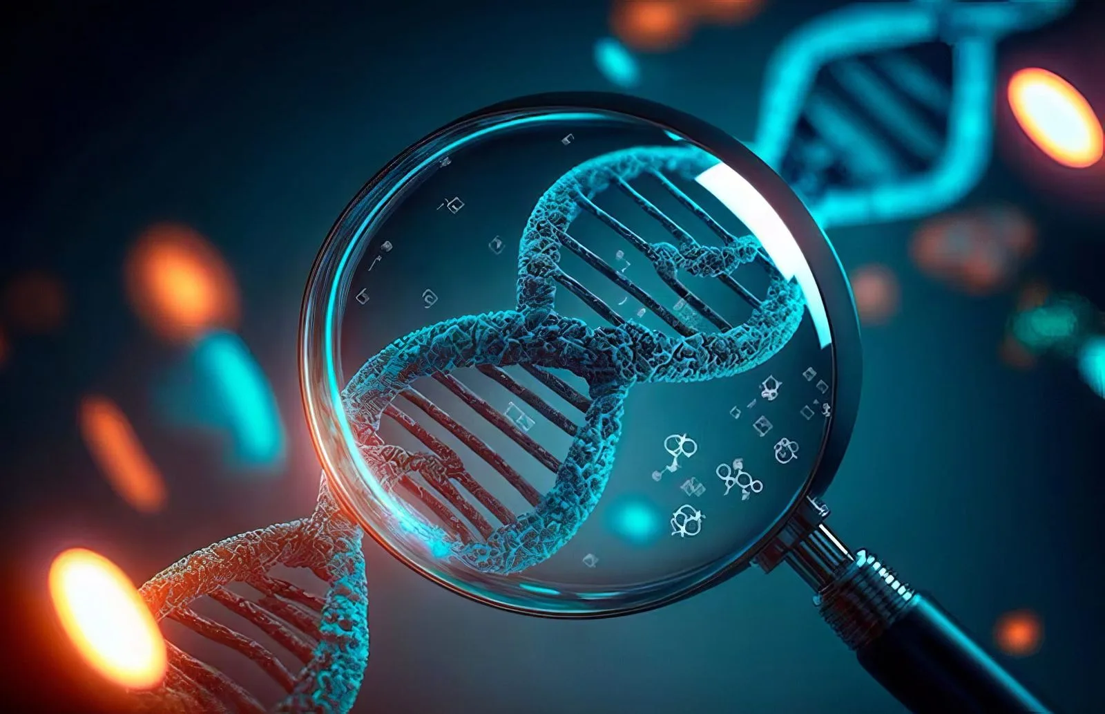 A magnifying glass held over a DNA double helix