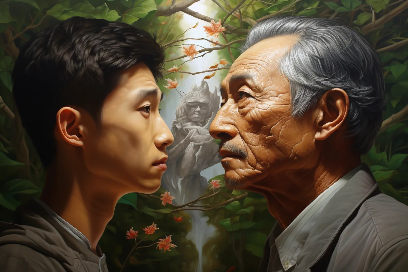 A young man and an older man facing each other in profile, the same face at two ages