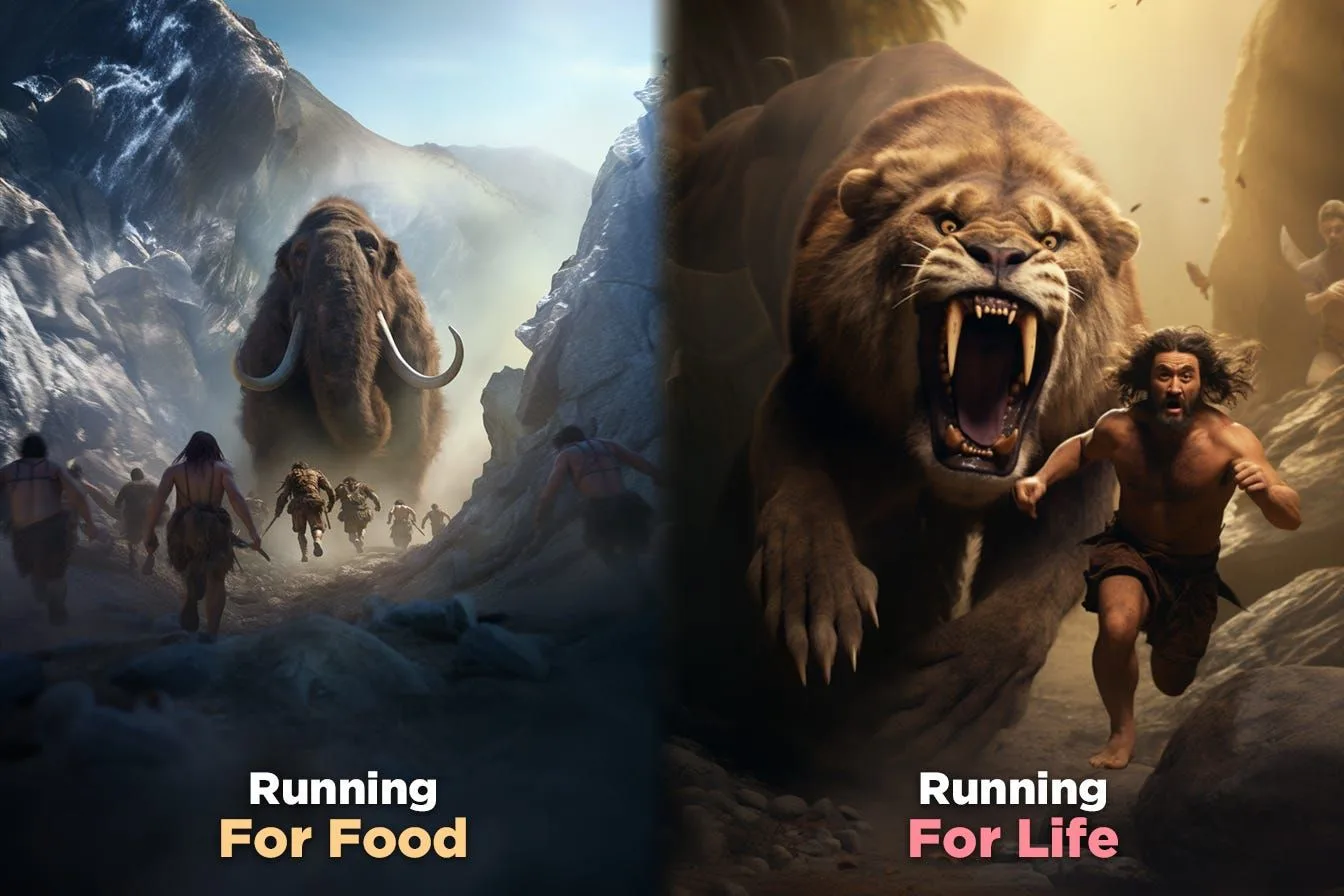 On the left early humans hunting a mammoth, on the right a man running from a sabretooth tiger