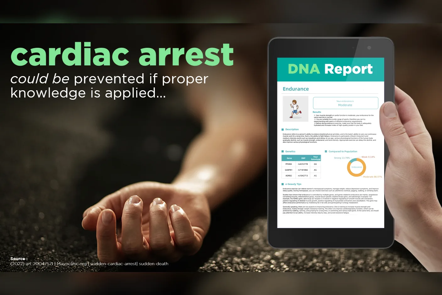 Hands holding a tablet showing an endurance page from a DNA report, over the line that cardiac arrest could be prevented if proper knowledge is applied