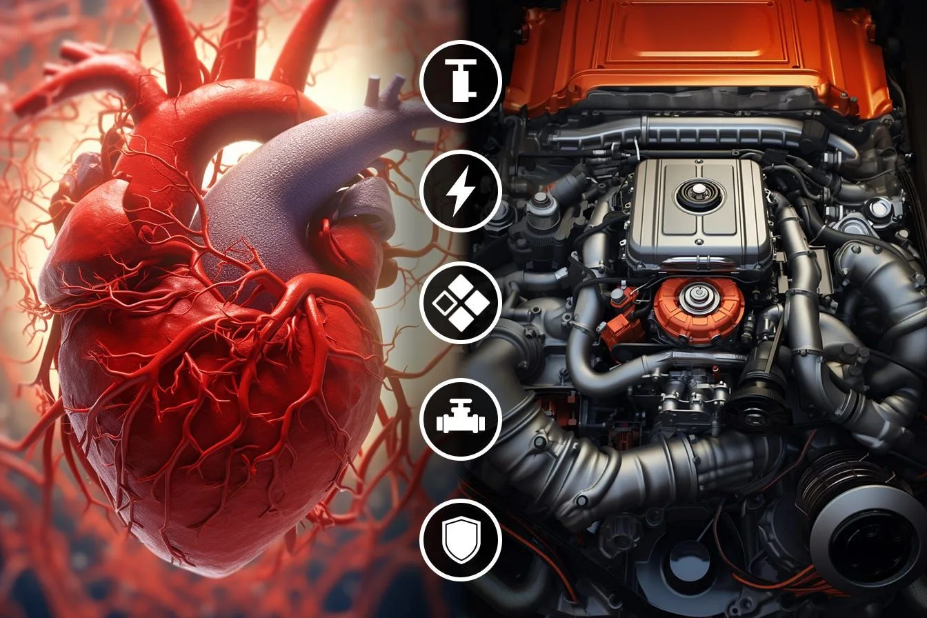 An anatomical heart beside a car engine, with icons for pump, electricity, chambers, valves and durability between them