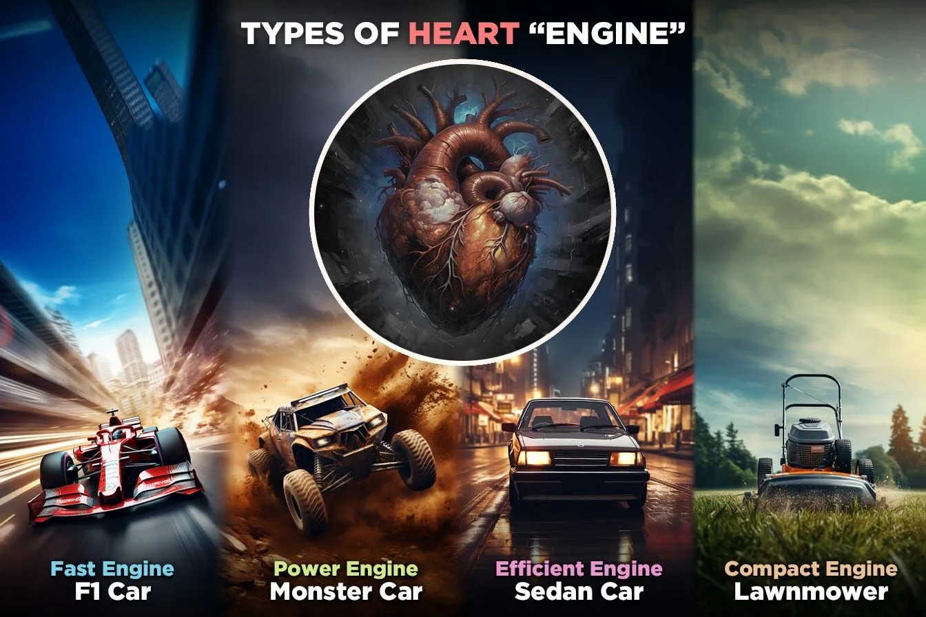 Four engine types compared, from a Formula One car to a lawnmower, with a heart at the centre