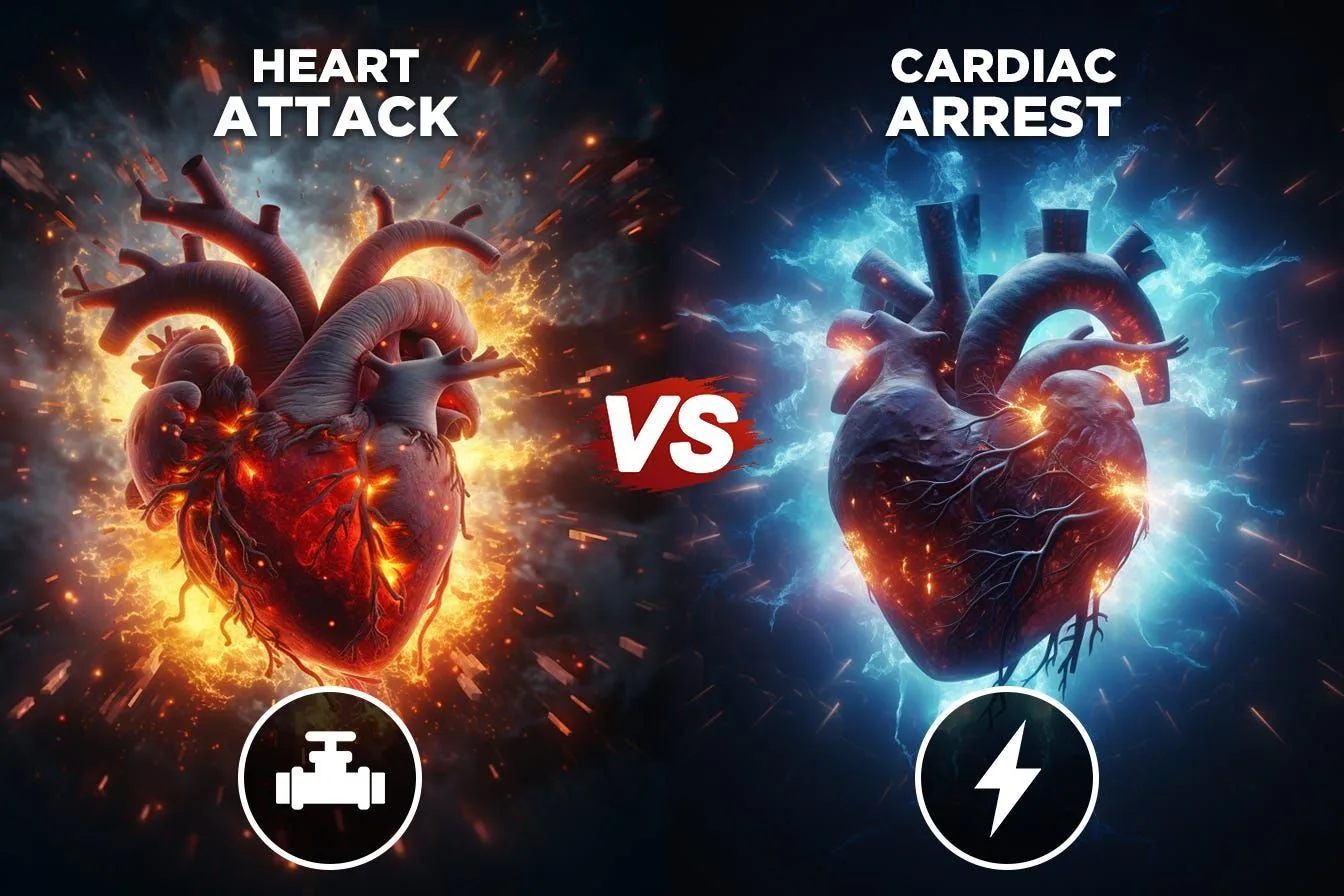 A heart in flames labelled heart attack beside a heart in blue lightning labelled cardiac arrest