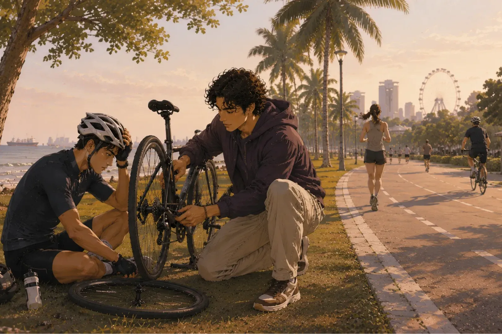An illustration from the Tide's own page: a man in a plum hoodie kneeling on the grass of a seaside park at sunset, fixing a cyclist's wheel while the cyclist sits beside him with a hand on his helmet, joggers and a big wheel on the skyline behind