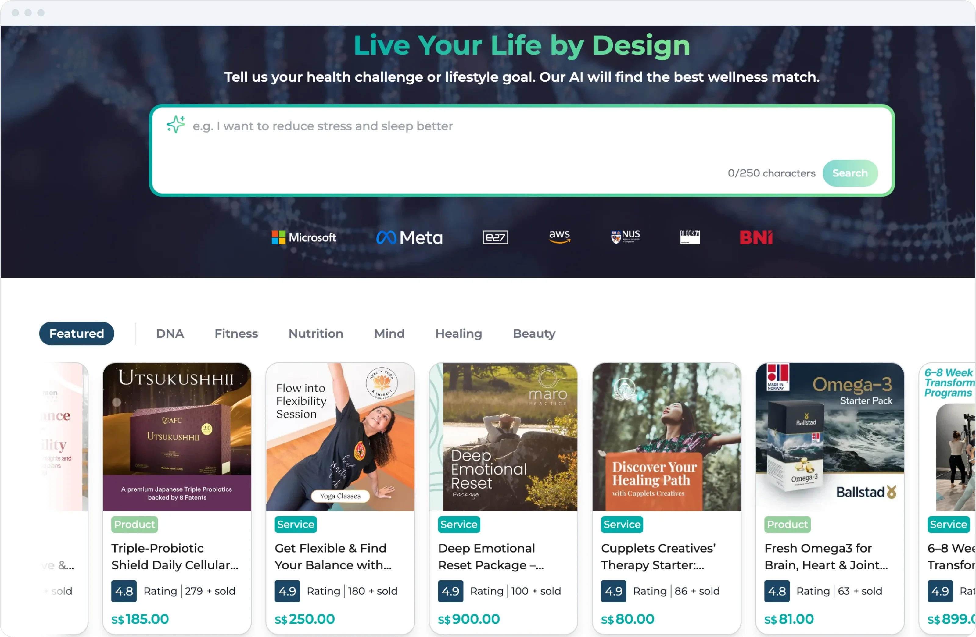 The ConnectingDNA marketplace in a desktop window: the line Live Your Life by Design, a search box reading Tell us your health challenge or lifestyle goal, tabs for DNA, Fitness, Nutrition, Mind, Healing and Beauty, and a row of product and service cards with ratings and prices
