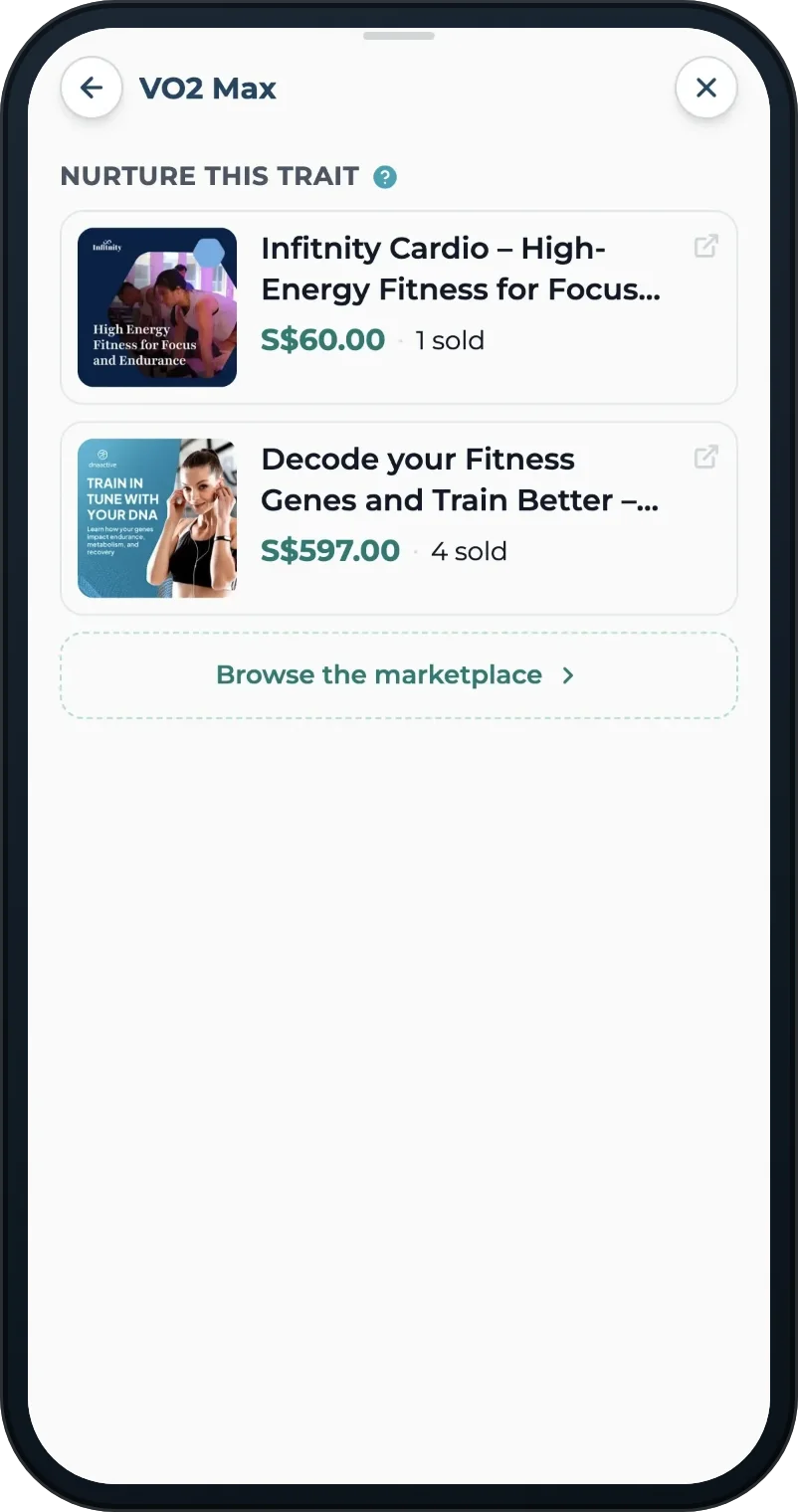 A phone showing the Nurture this trait list for VO2 Max in the Bio-Profile: two picks from the shop, a high-energy fitness programme at S$60 and a fitness genes programme at S$597, then a Browse the marketplace button