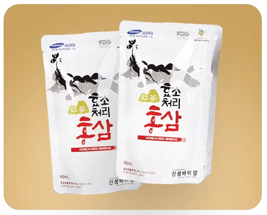 Two Ginseng by Pharm red ginseng pouches on a gold ground