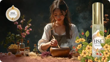 A woman blending flowers in a bowl beside a Heartfelt Scent Lab bottle