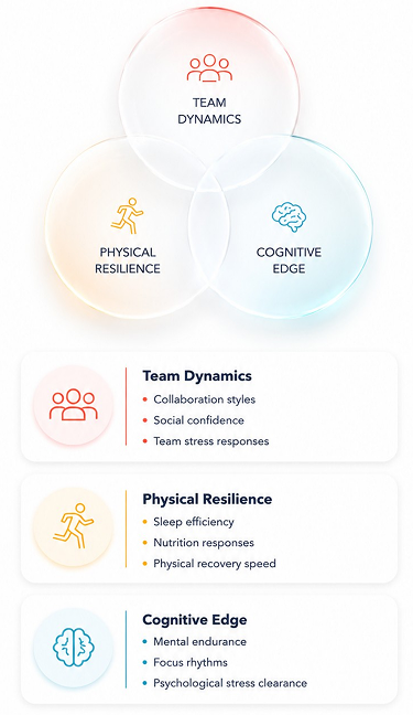 Three overlapping biological dimensions — Team Dynamics (collaboration styles, social confidence, team stress responses), Physical Resilience (sleep efficiency, nutrition responses, physical recovery speed), and Cognitive Edge (mental endurance, focus rhythms, psychological stress clearance).