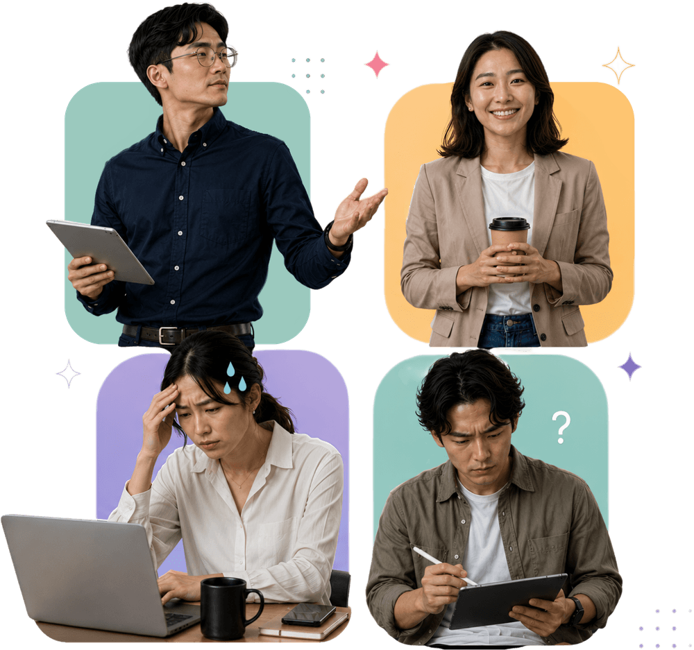 Four employees at work — presenting, collaborating, feeling the pressure, and staying focused.